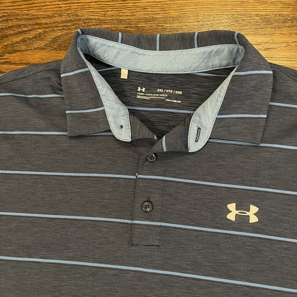 Under Armour Men’s Dark Gray Polo with Light Blue Stripes